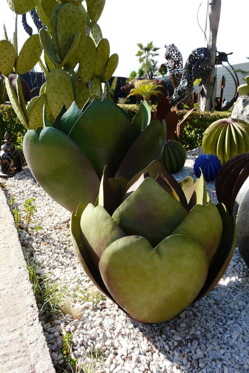 deux cactus en métal vert dans un jardin