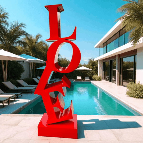 Sculpture LOVE verticale rouge installée au bord d’une piscine d'une villa de la cote d'azur