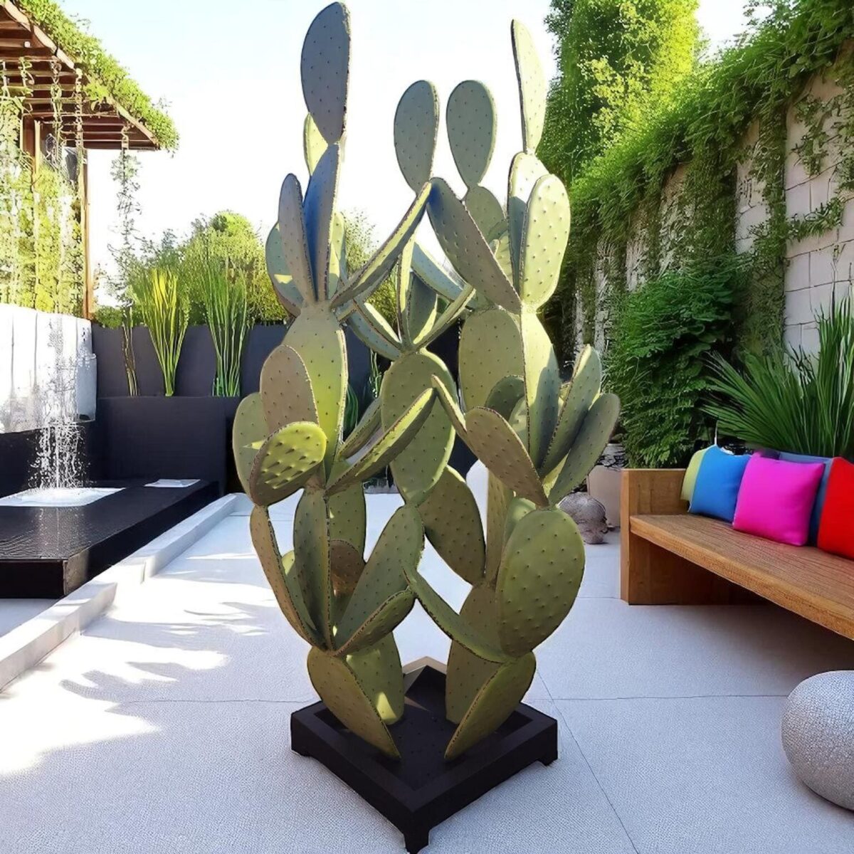 Sculpture de cactus métallique dans un patio moderne avec fontaine