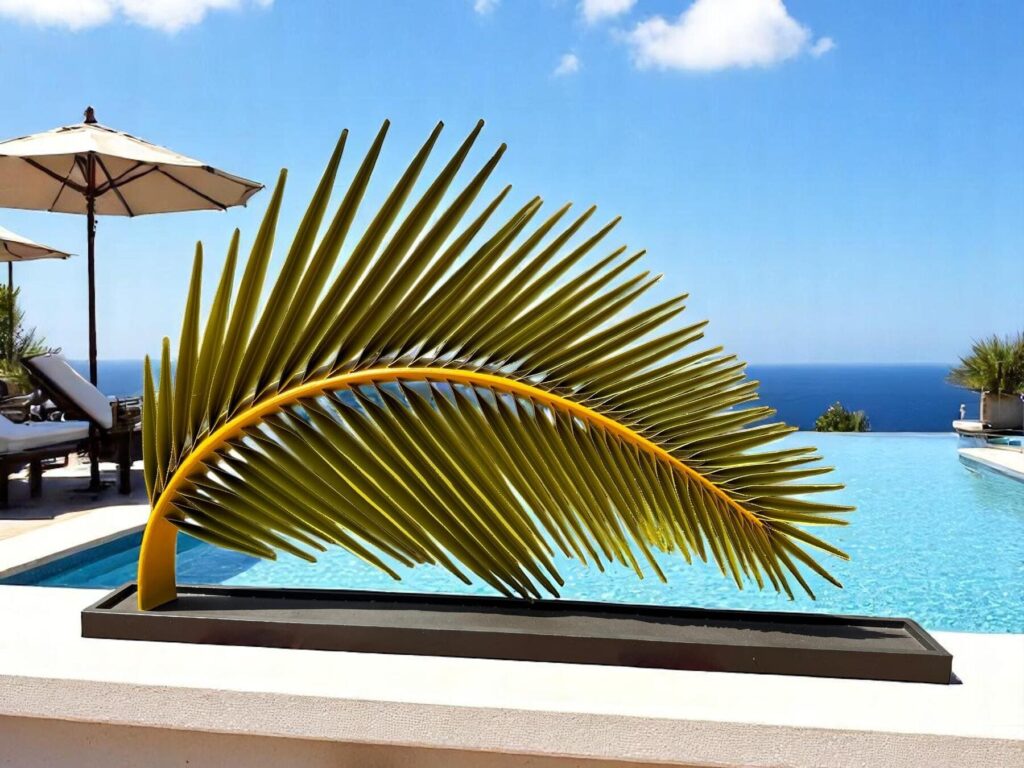 Sculpture de feuille de palmier en métal au bord d'une piscine avec vue sur mer