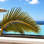 Sculpture de feuille de palmier en métal au bord d'une piscine avec vue sur mer