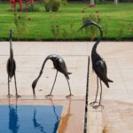 héron en métal sur le bord d'une piscine