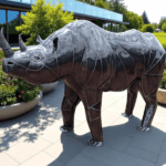 sculpture rhinocéros en métal sur une terrasse d'une maison