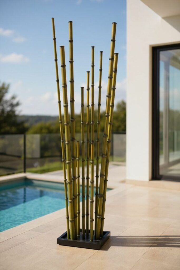 Sculpture de bambou en métal près d’une piscine moderne