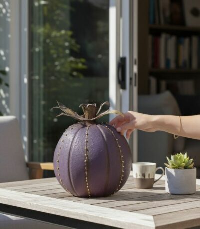 Cactus boule violet en métal décoratif sur table extérieure