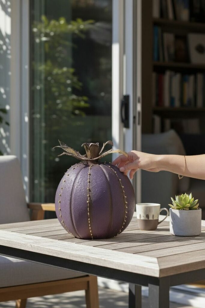 Cactus boule violet en métal décoratif sur table extérieure