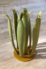 Agave en métal vert posé sur terrasse en bois dans un jardin