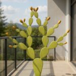 Cactus opuntia en métal vert avec fleurs jaunes sur terrasse extérieure