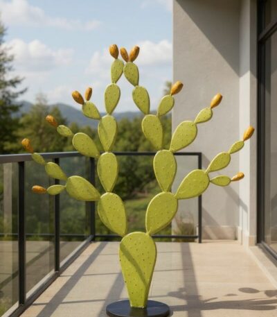 Cactus opuntia en métal vert avec fleurs jaunes sur terrasse extérieure