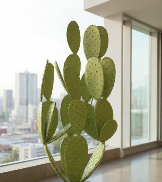 cactus vert en métal sur une terrasse