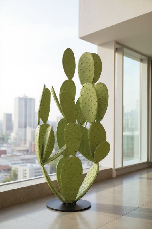 cactus vert en métal sur une terrasse