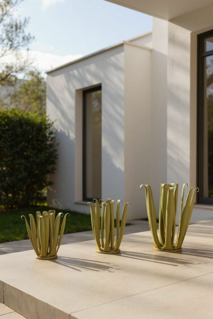 Trois agaves métalliques de différentes tailles en décoration extérieure