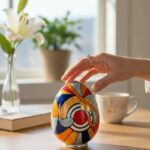 Œuf décoratif coloré tenu par une main, posé sur une table en bois claire dans une pièce ensoleillée.