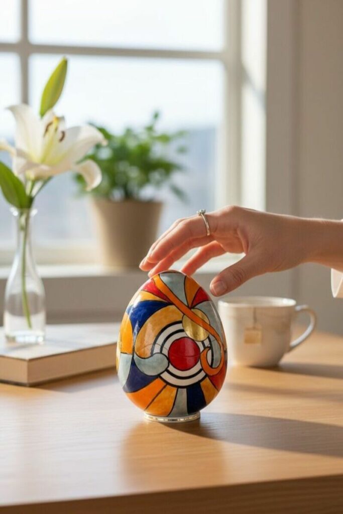 Œuf décoratif coloré tenu par une main, posé sur une table en bois claire dans une pièce ensoleillée.
