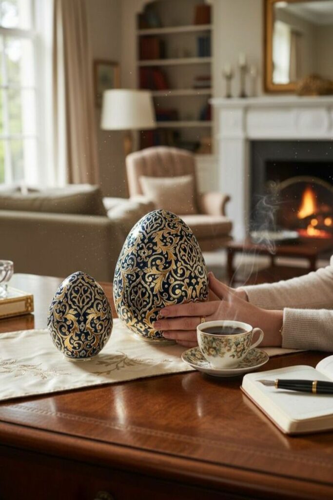 Deux œufs décoratifs bleus et dorés sur une table, avec une tasse de café et un feu de cheminée en arrière-plan.