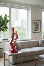 Sculpture rouge “LOVE” posée sur une table dans un salon moderne.