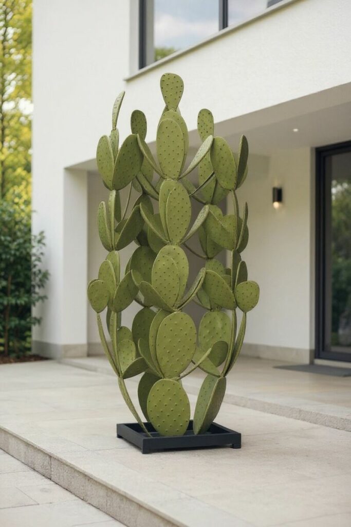 Grande sculpture verte en forme de cactus sur une terrasse moderne.