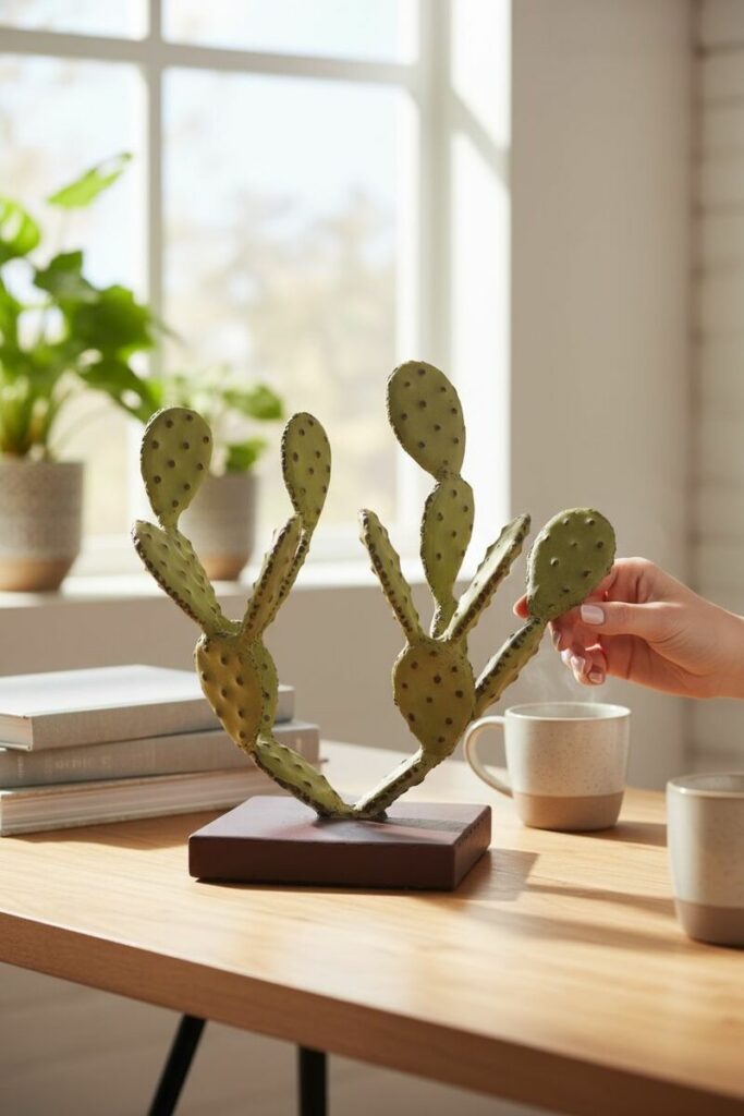 Petite sculpture en métal vert en forme de cactus posée sur un bureau lumineux