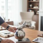 Sculpture en métal chromé représentant une chaussure de football posée sur une sphère, décoration de bureau moderne