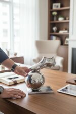 Sculpture en métal chromé représentant une chaussure de football posée sur une sphère, décoration de bureau moderne