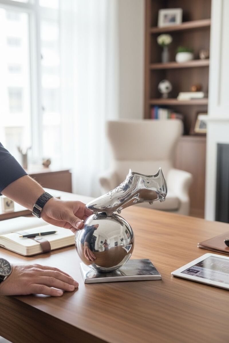 Sculpture en métal chromé représentant une chaussure de football posée sur une sphère, décoration de bureau moderne