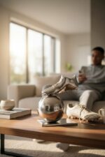 Sculpture en métal chromé en forme de chaussure de football exposée dans un salon contemporain