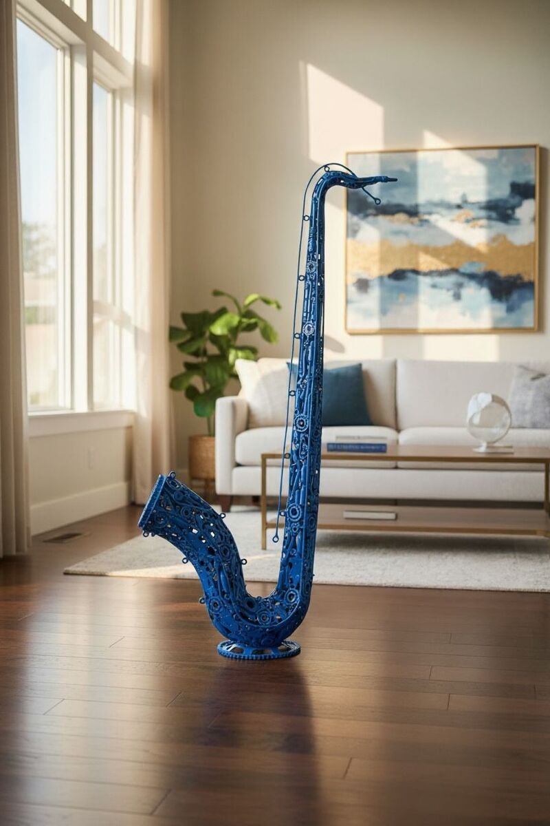 Sculpture en métal bleu en forme de saxophone dans un salon moderne et lumineux