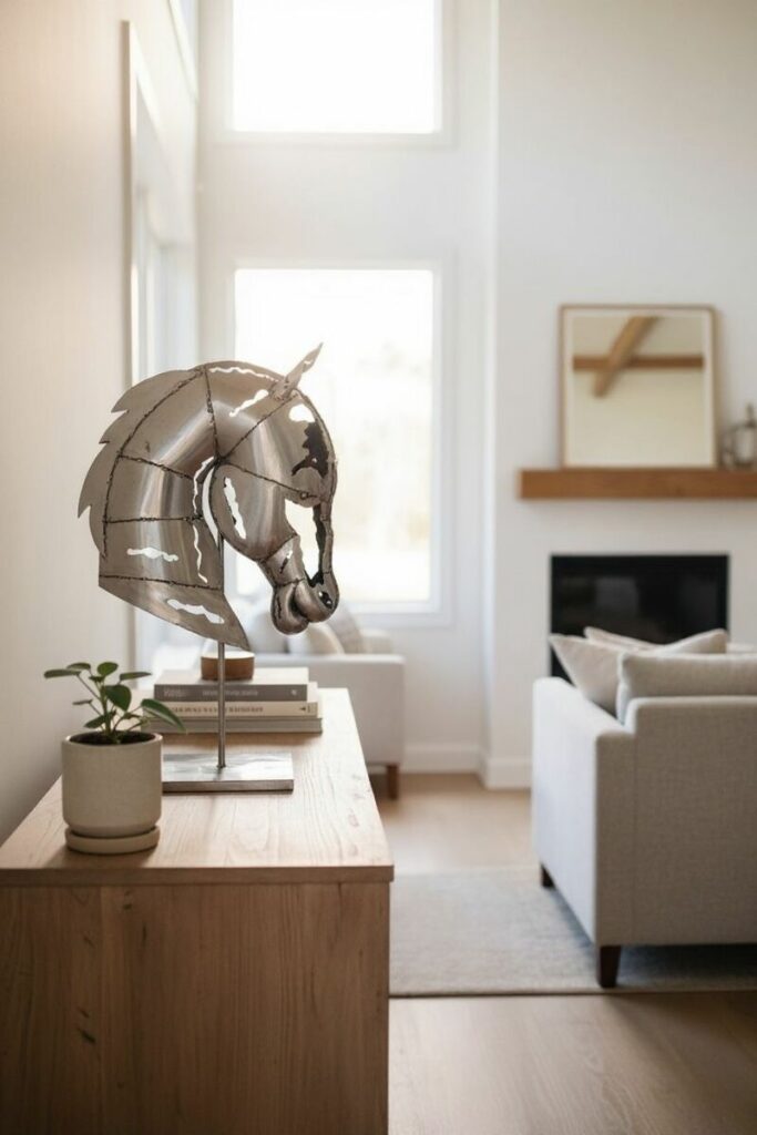 Sculpture en métal représentant une tête de cheval posée sur un meuble dans un salon lumineux