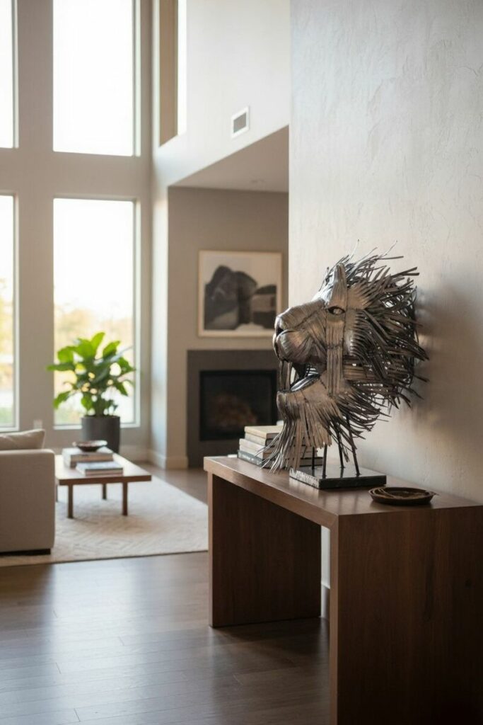 Sculpture en métal représentant une tête de lion moderne installée dans un salon design